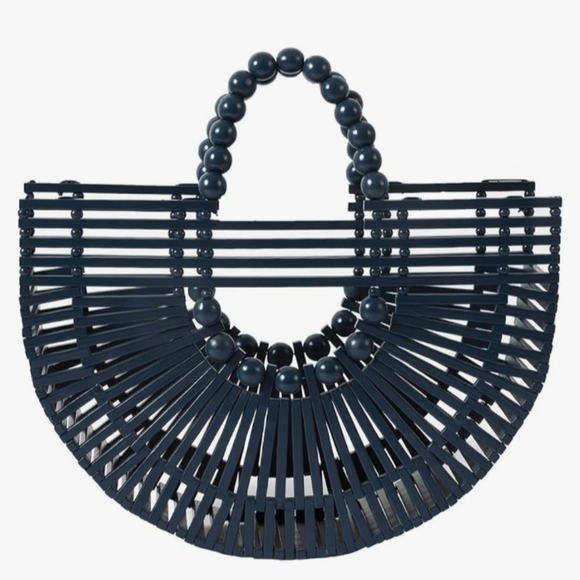 Black Bamboo Boho Beach Bag Woven Wicker Summer Tote Hippie Bohemian Purse New - Picture 2 of 8